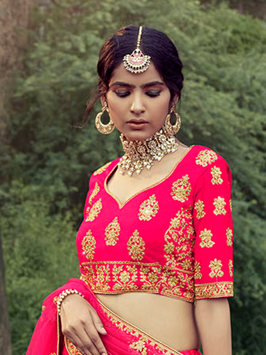 Deep Pink Satin Embroidered Bridal Lehenga Choli