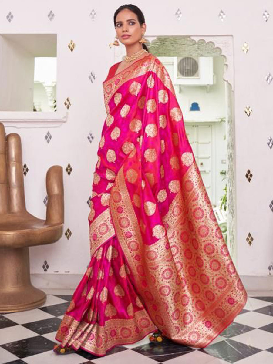 Deep Pink Satin Silk Handwoven Party Saree