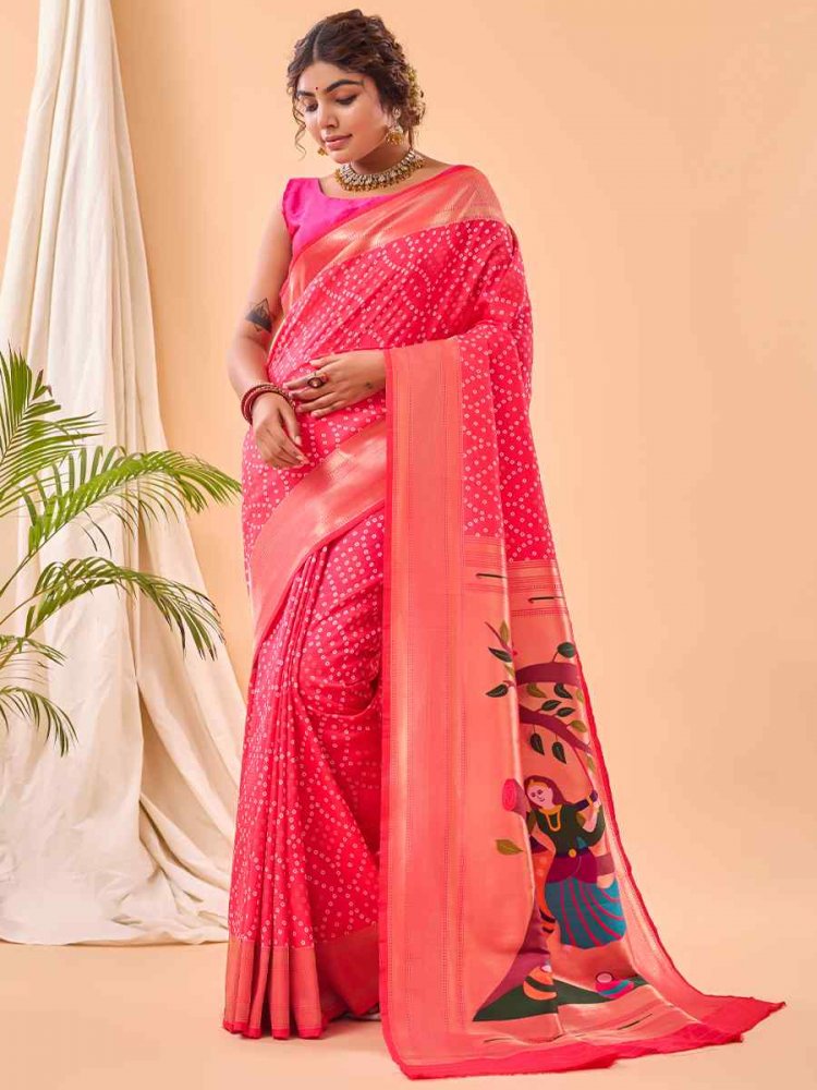 Deep Pink Silk Handwoven Wedding Festival Heavy Border Saree