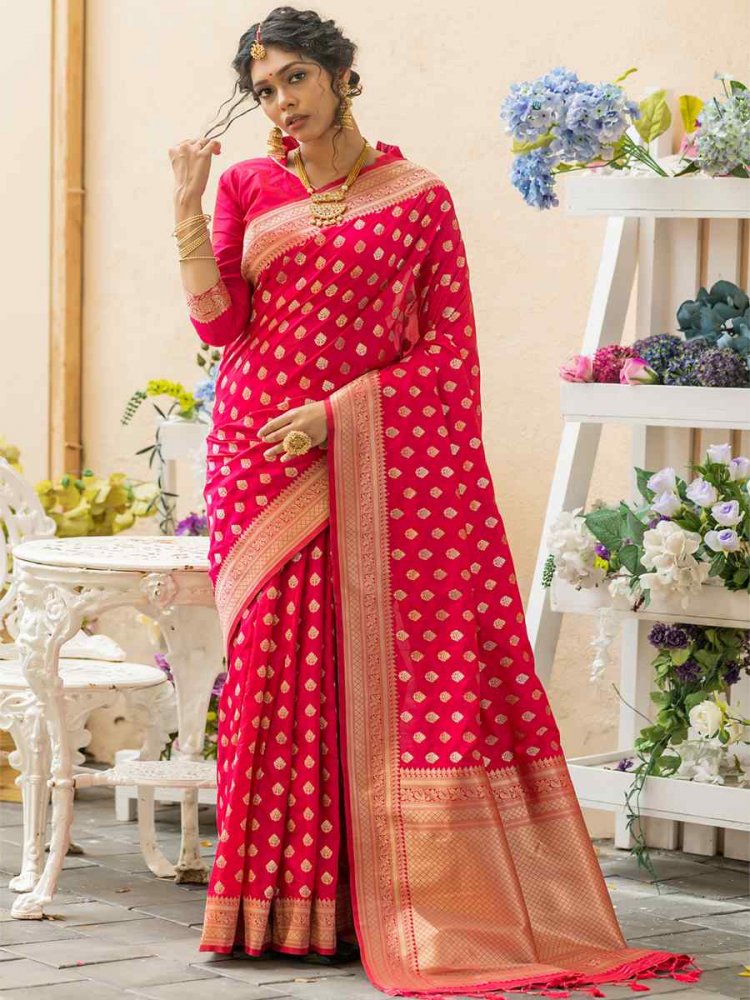 Deep Pink Soft Banarasi Silk Handwoven Wedding Festival Heavy Border Saree