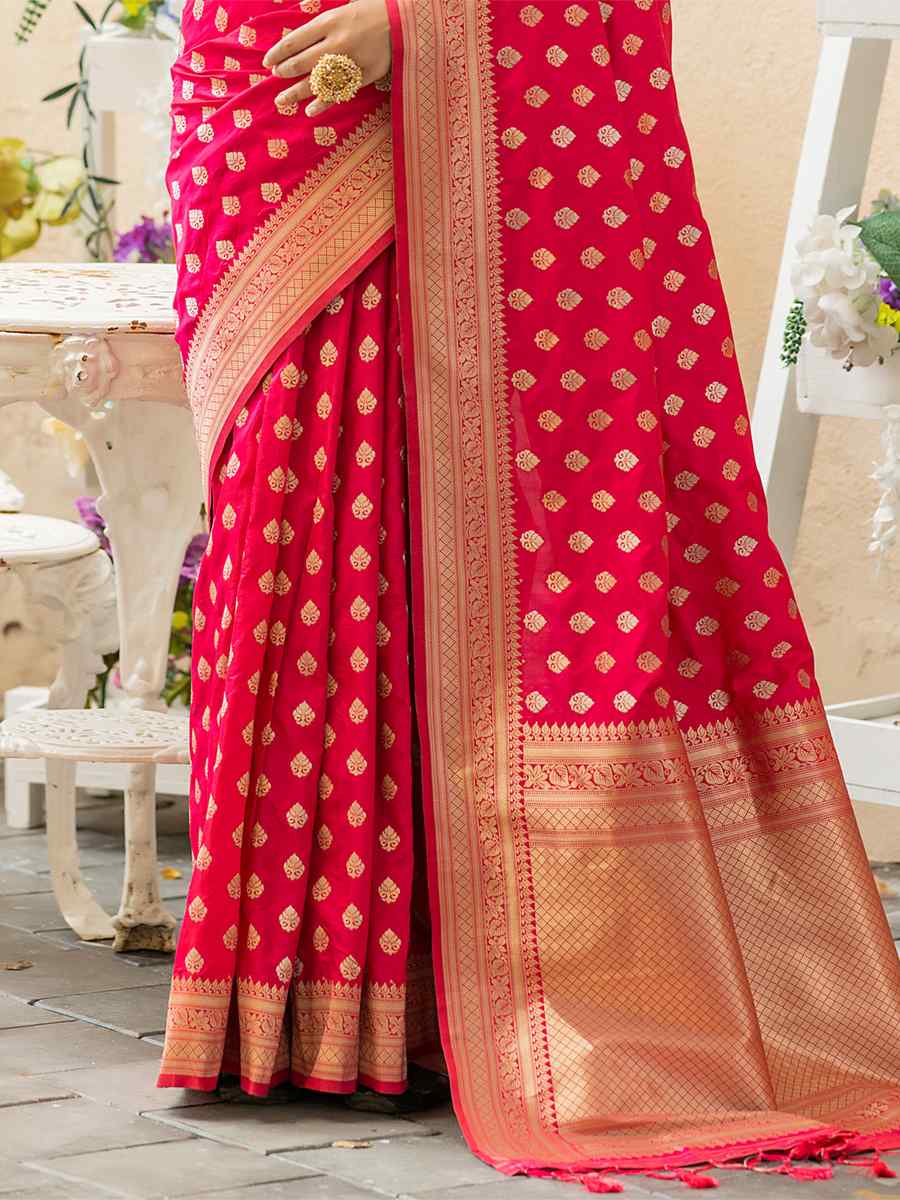 Deep Pink Soft Banarasi Silk Handwoven Wedding Festival Heavy Border Saree