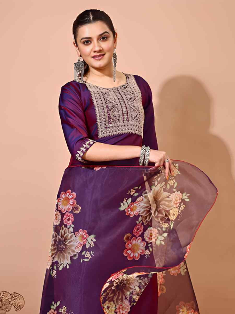 Deep Purple Taffeta Silk Embroidered Festival Casual Pant Ready Salwar Kameez