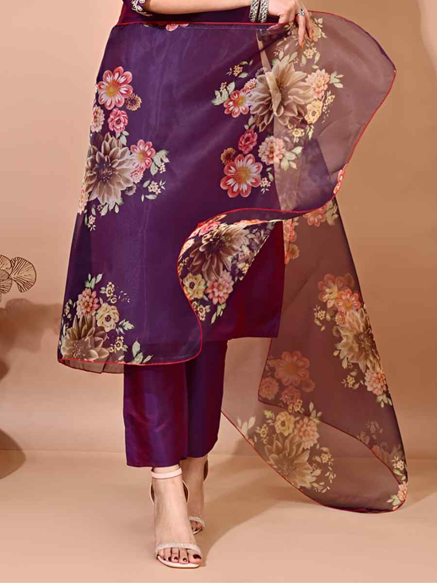 Deep Purple Taffeta Silk Embroidered Festival Casual Pant Ready Salwar Kameez