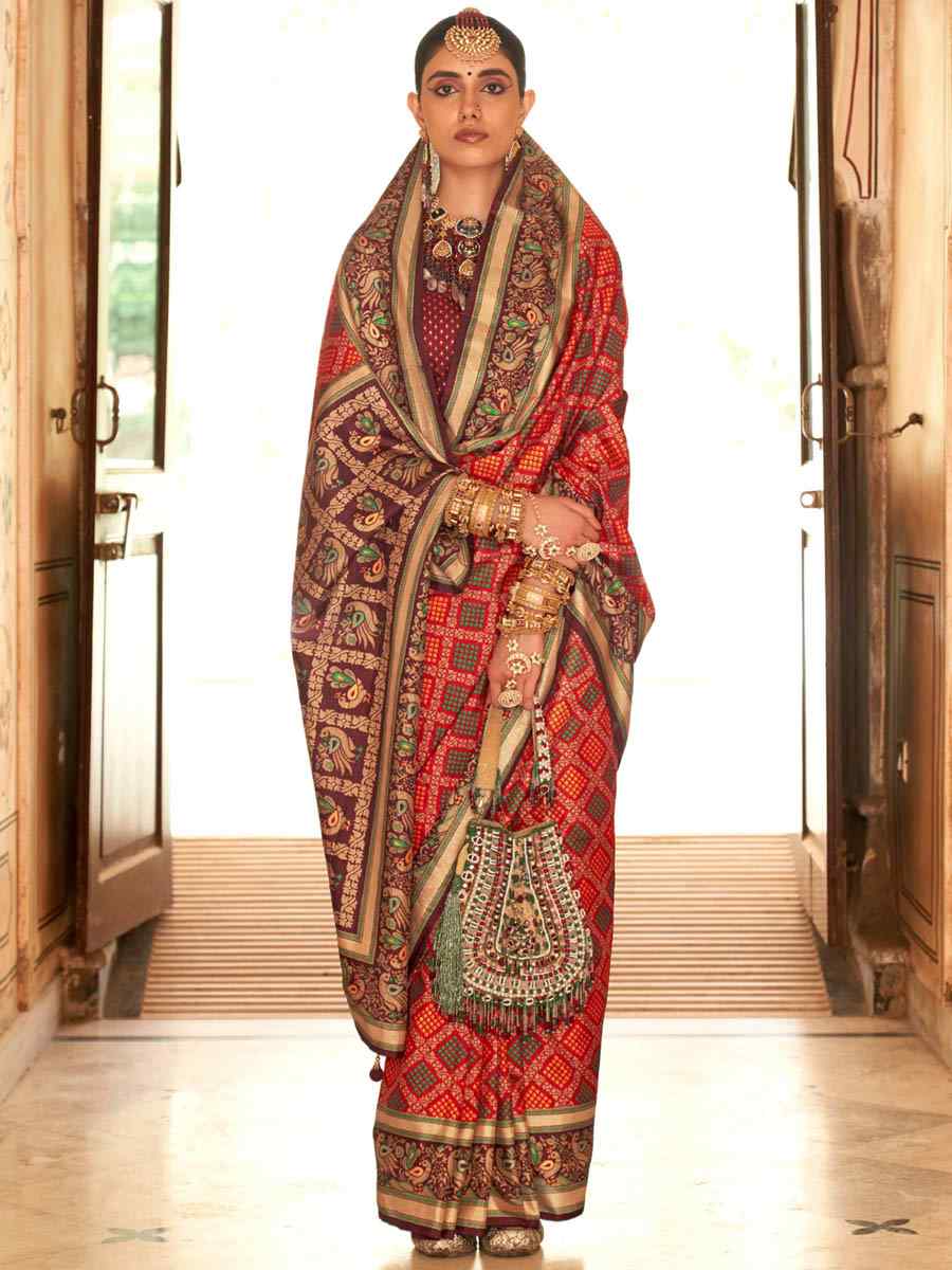 Deep Red Banarasi Silk Printed Casual Festival Contemporary Saree