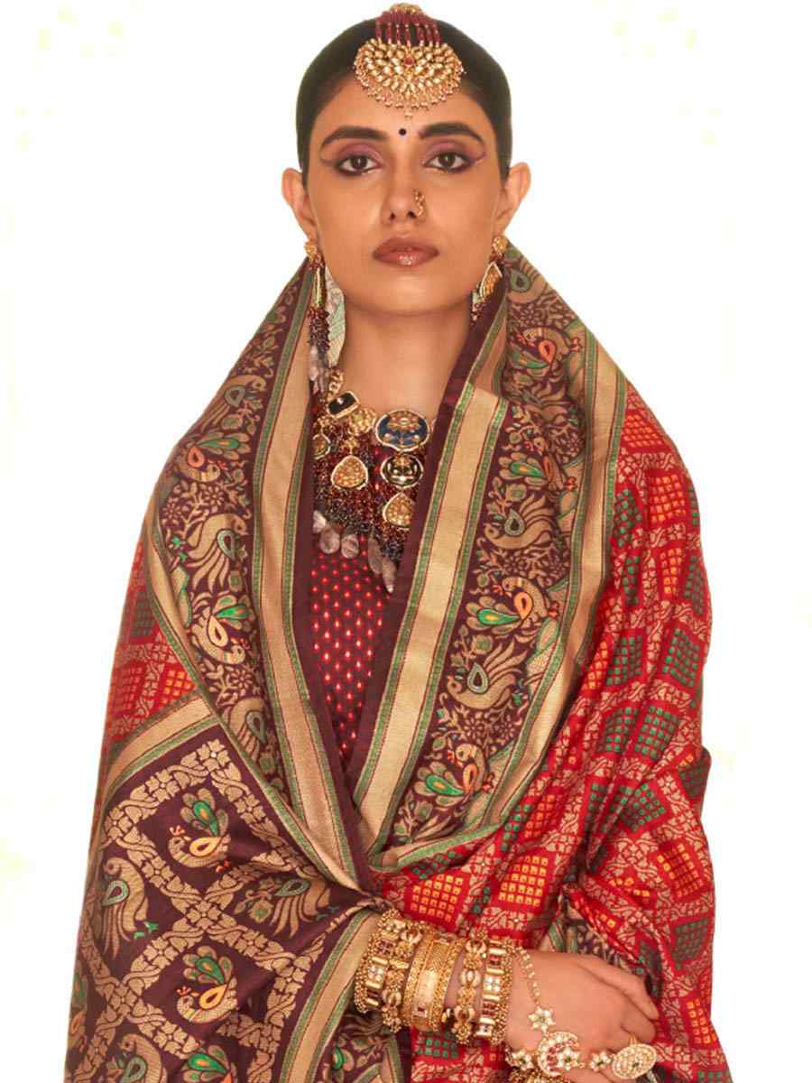 Deep Red Banarasi Silk Printed Casual Festival Contemporary Saree