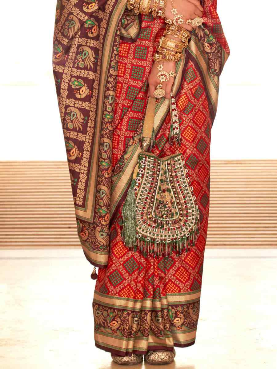 Deep Red Banarasi Silk Printed Casual Festival Contemporary Saree