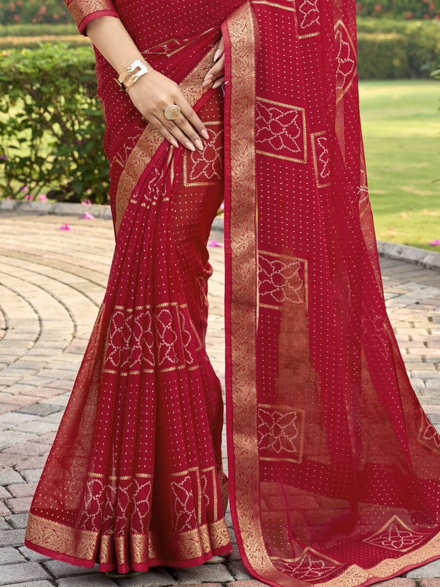 Deep Red Silk Printed Wedding Reception Party Festival Casual Heavy Border Sarees