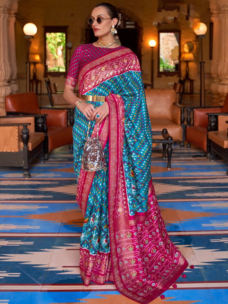 Deep Sky Blue Patola Silk Handwoven Party Saree