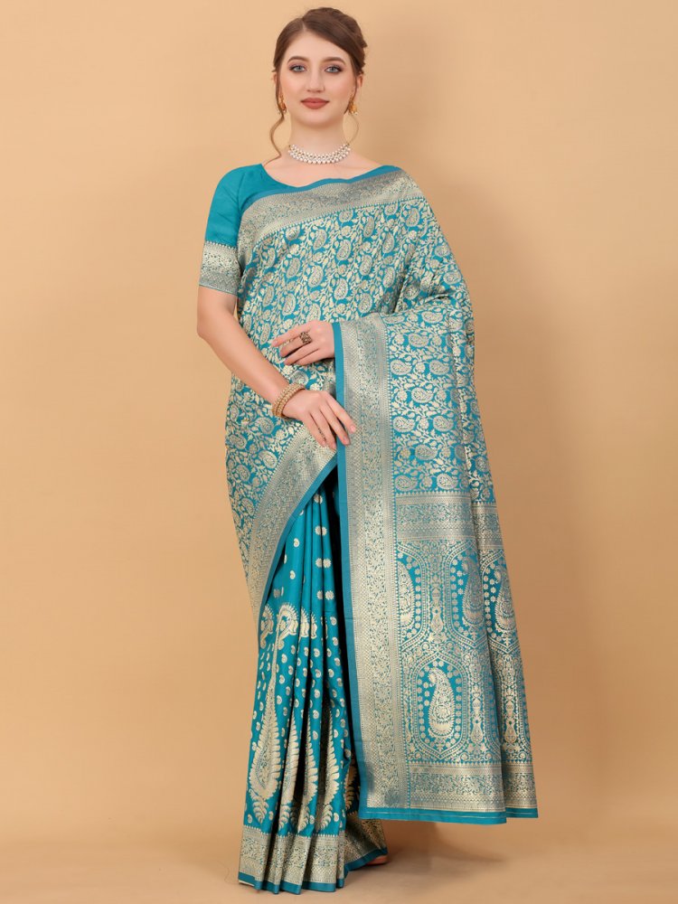 Deep Sky Blue Silk Handwoven Party Saree