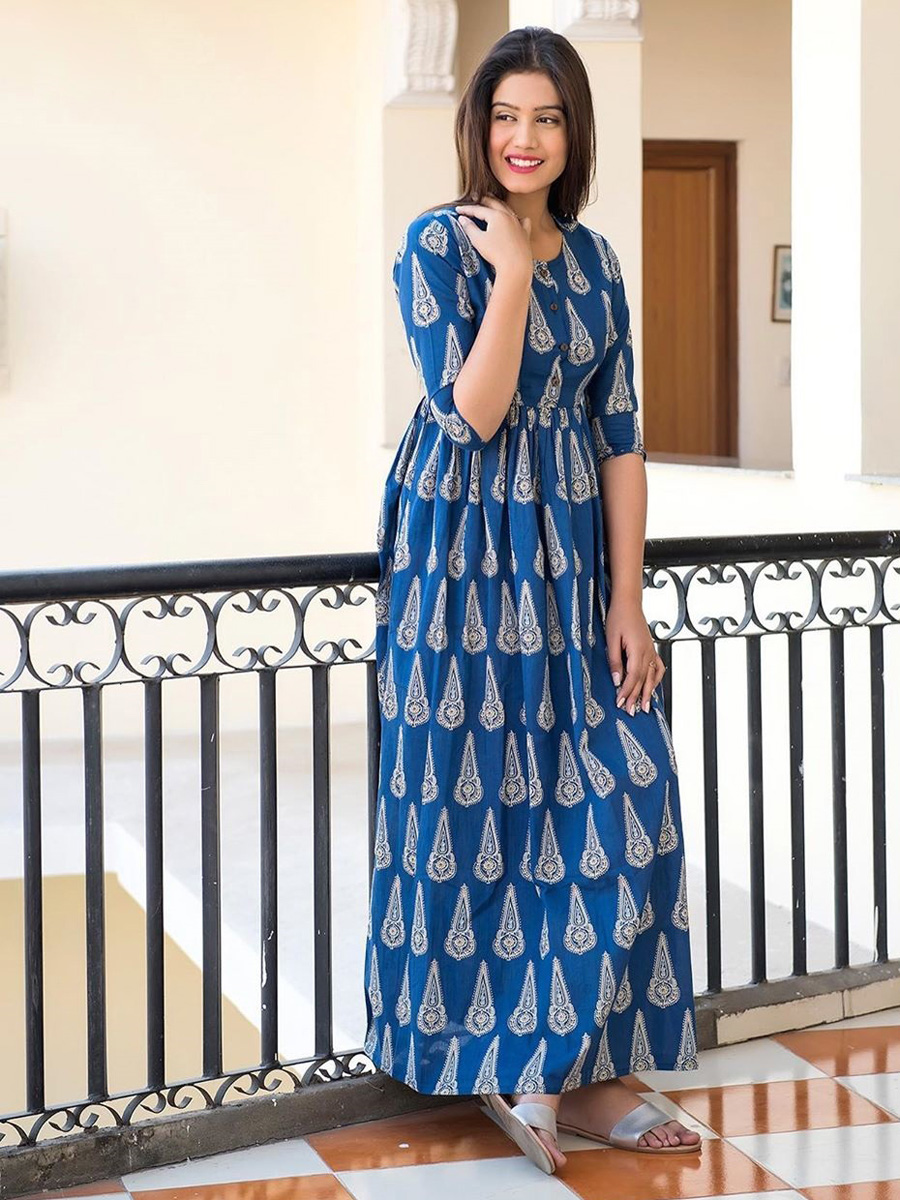 Denim Blue Maslin Silk Casual Printed Gown