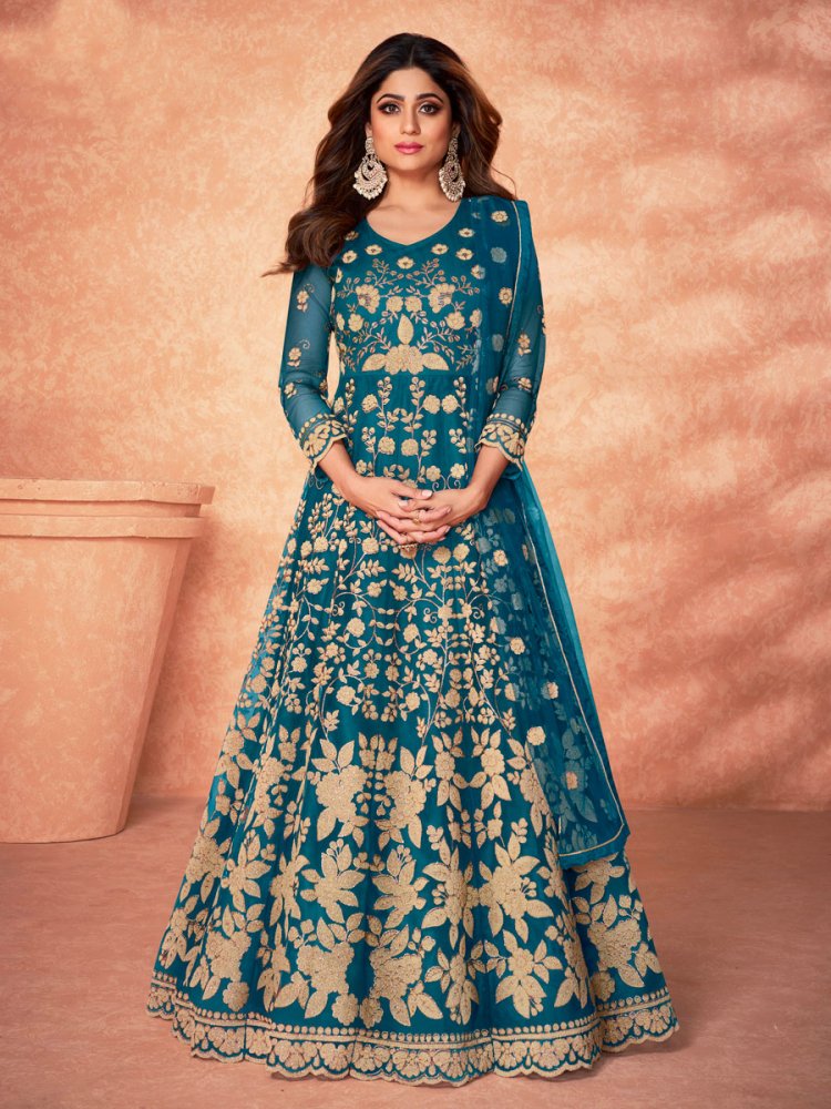 Denim Blue Net Embroidered Party Lawn Kameez