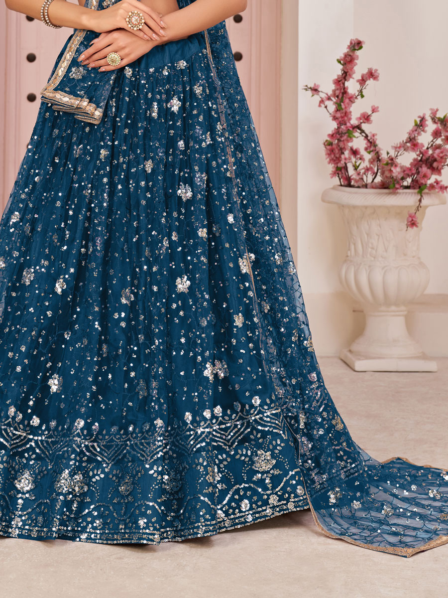 Denim Blue Net Embroidered Party Lehenga Choli