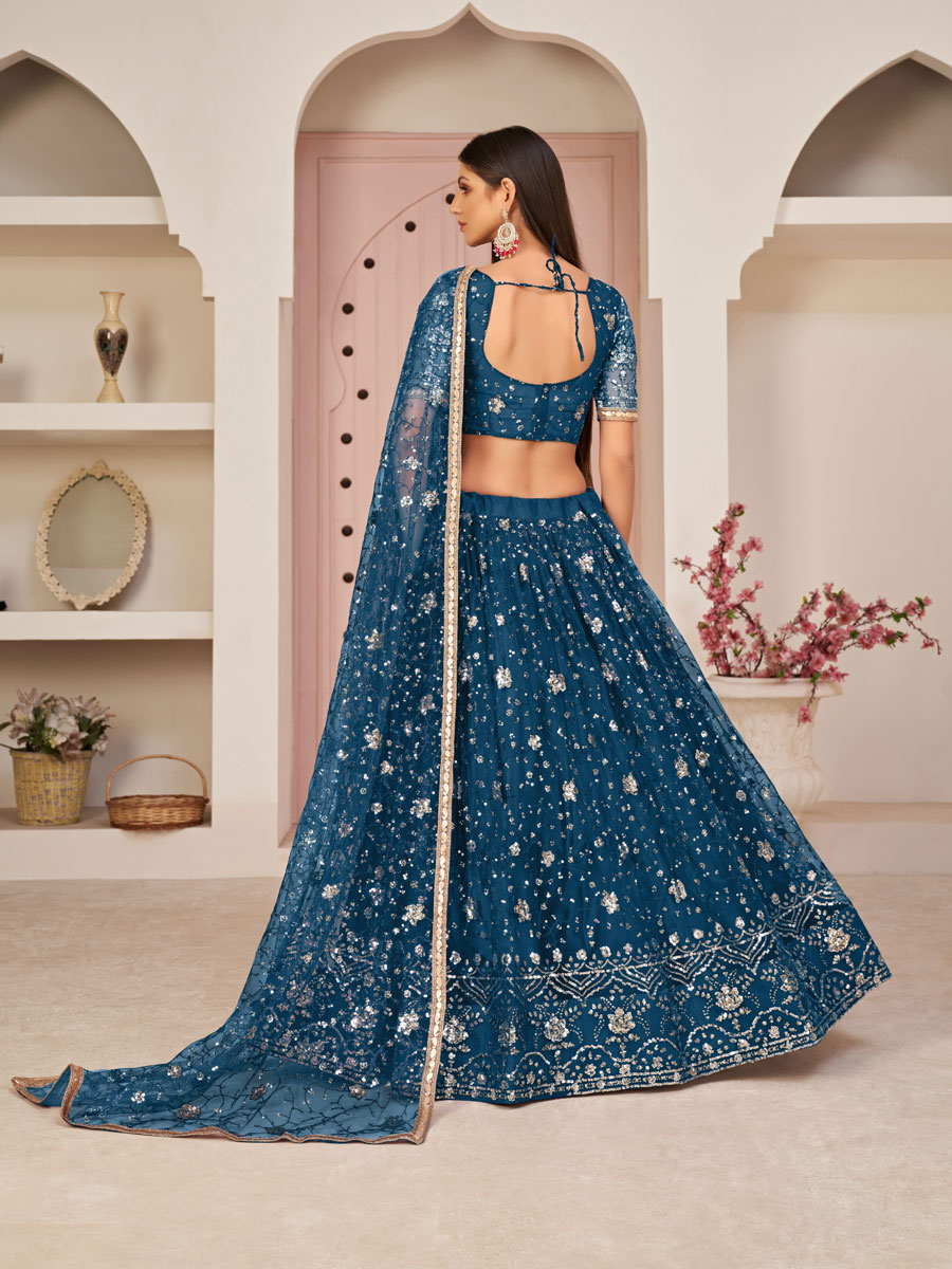 Denim Blue Net Embroidered Party Lehenga Choli