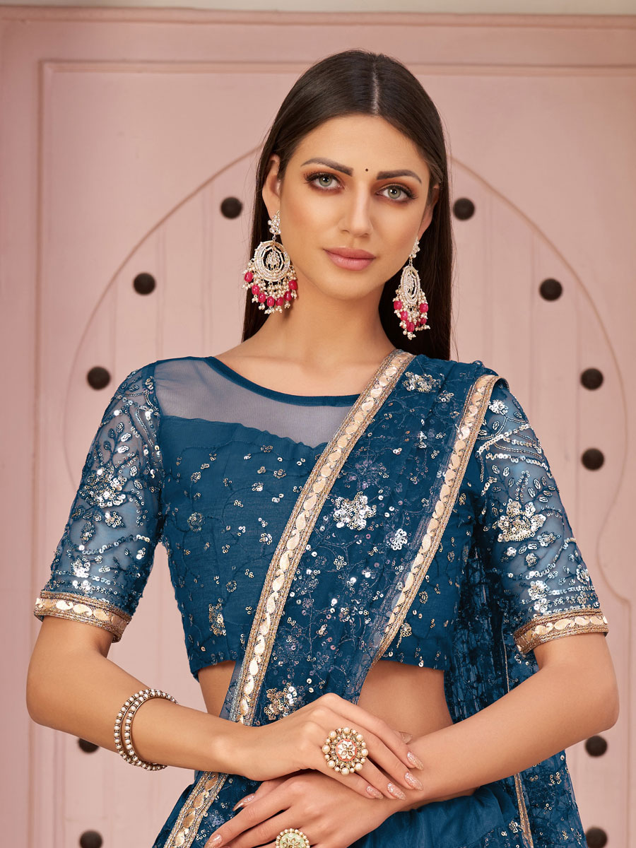 Denim Blue Net Embroidered Party Lehenga Choli