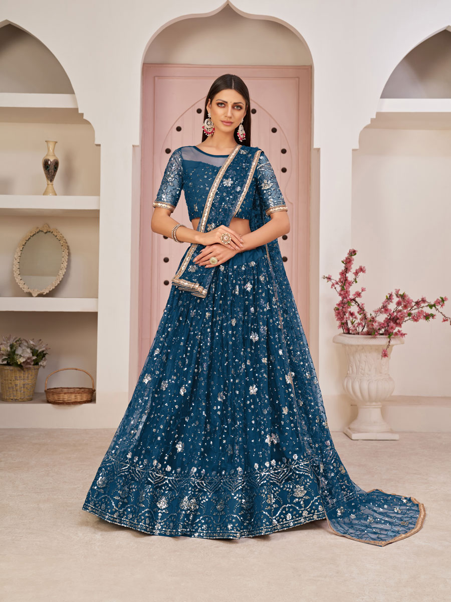 Denim Blue Net Embroidered Party Lehenga Choli
