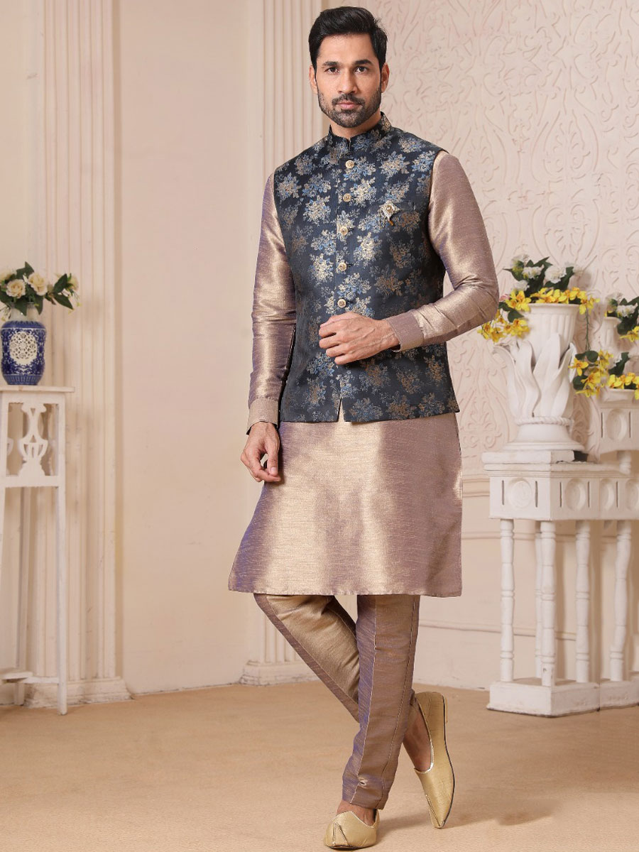 Desert Sand Brown Banarasi Silk Wedding And Festival Plain Kurta with Waistcoat