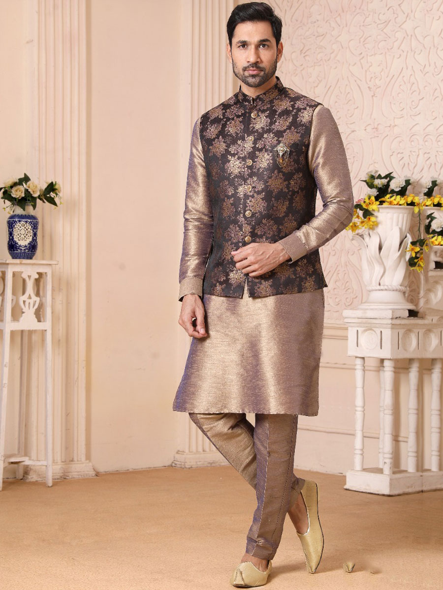 Desert Sand Brown Banarasi Silk Wedding And Festival Plain Kurta with Waistcoat