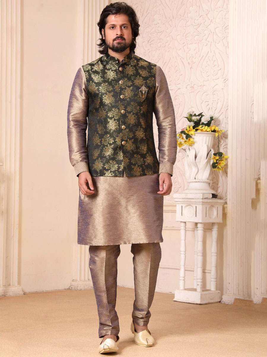 Desert Sand Brown Banarasi Silk Wedding And Festival Plain Kurta with Waistcoat