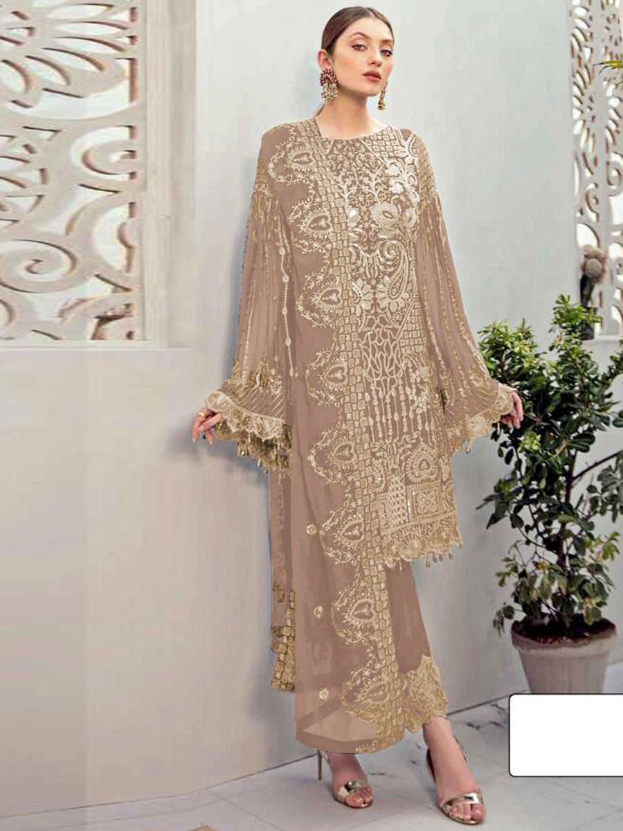 Desert Sand Brown Faux Georgette Embroidered Festival Pant Kameez