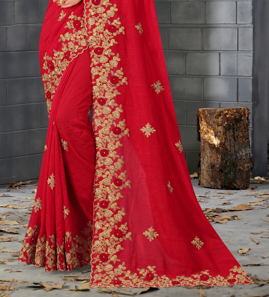 Red Art Silk Scalloped Embroidered Saree
