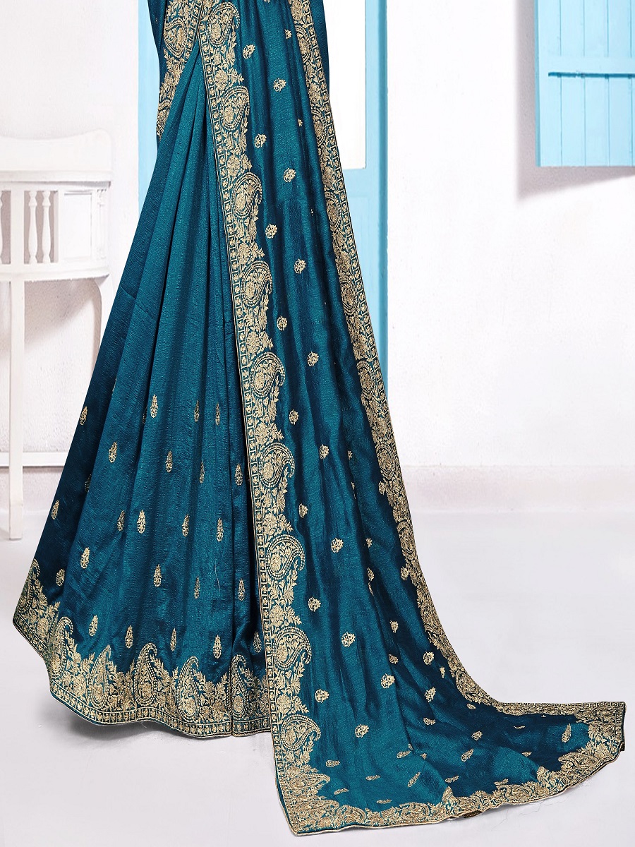 Cerulean Blue Vichitra Silk Embroidered Festival Saree