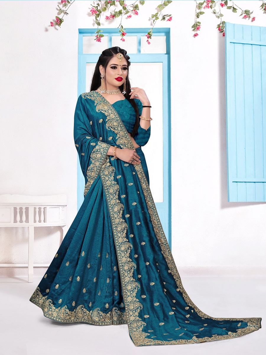 Cerulean Blue Vichitra Silk Embroidered Festival Saree