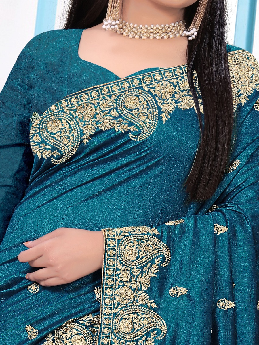Cerulean Blue Vichitra Silk Embroidered Festival Saree