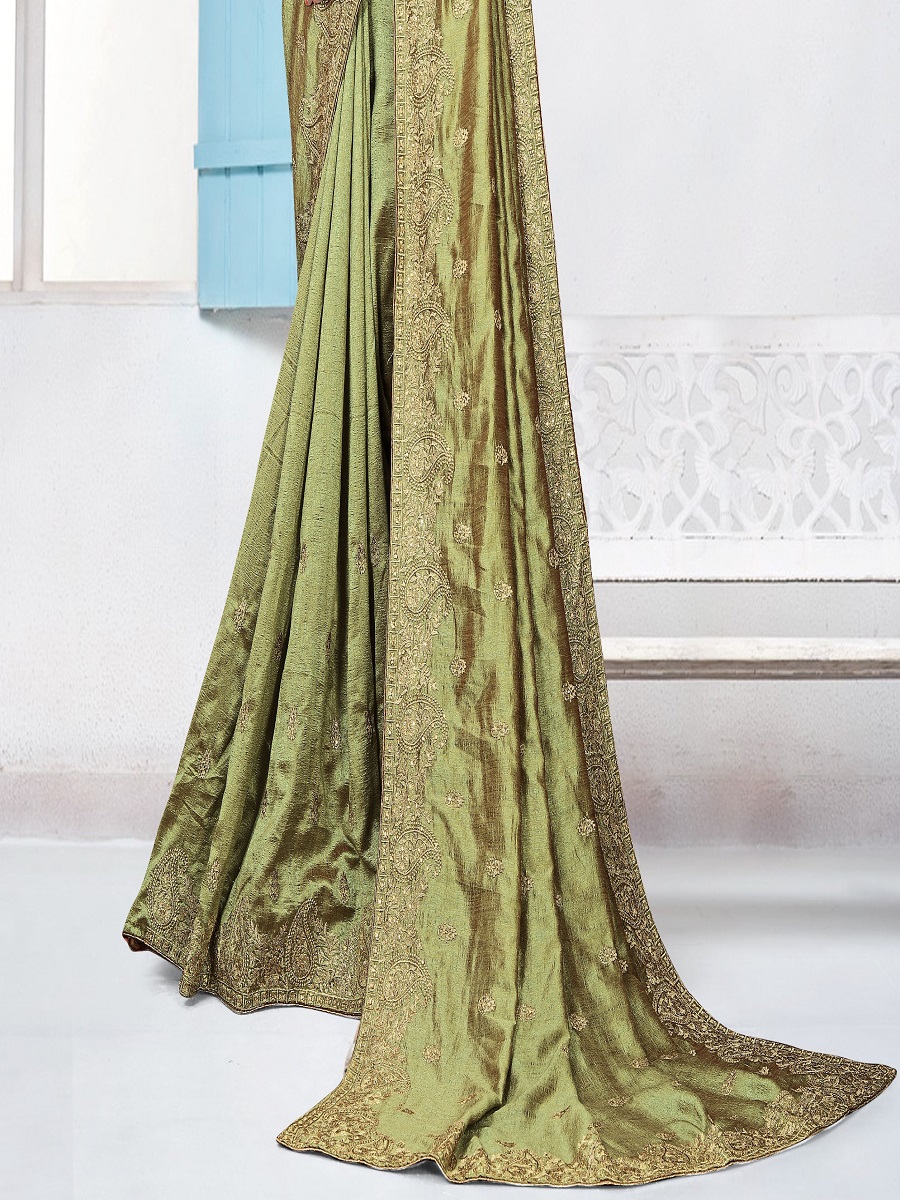 Asparagus Green Vichitra Silk Embroidered Festival Saree