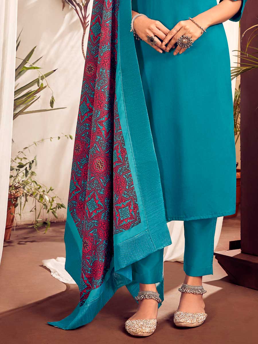 Dodger Blue Cotton Embroidered Festival Pant Kameez