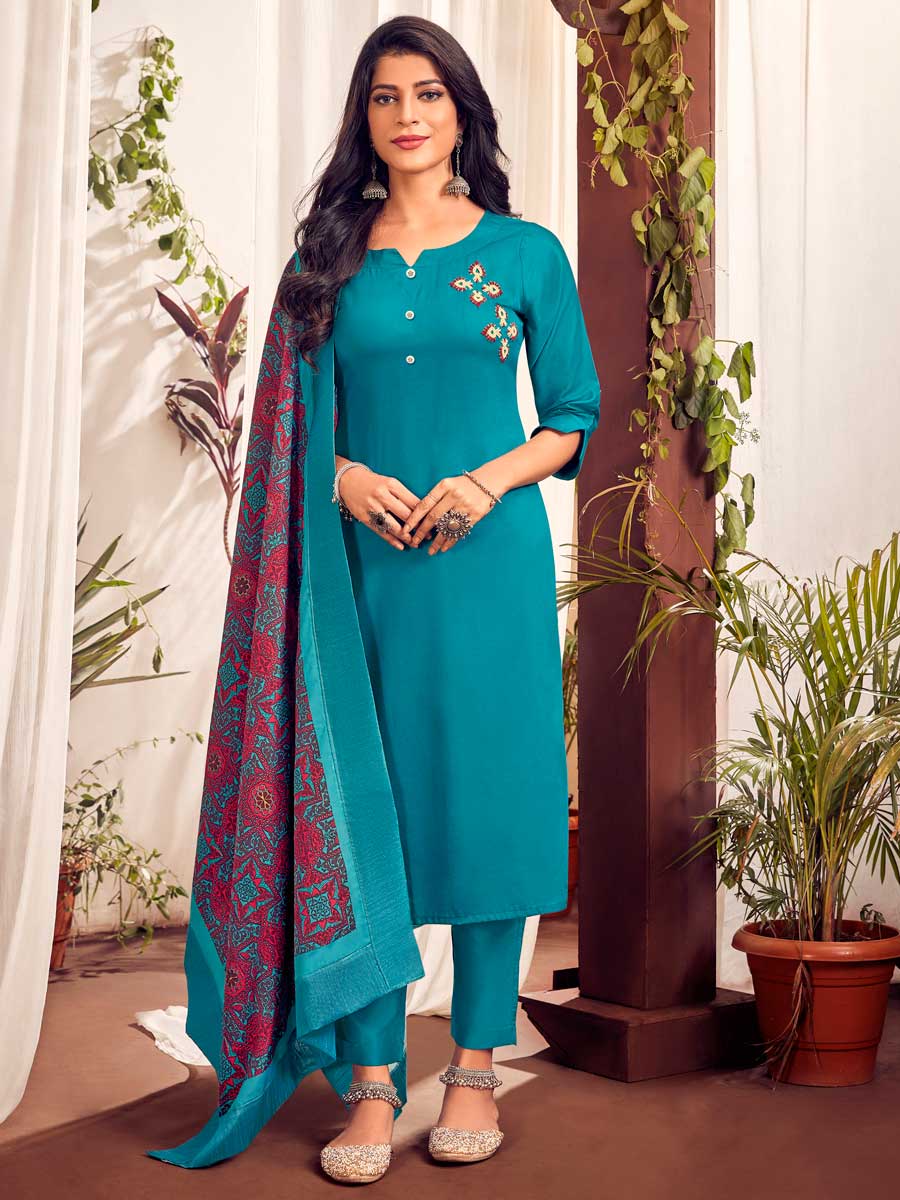 Dodger Blue Cotton Embroidered Festival Pant Kameez