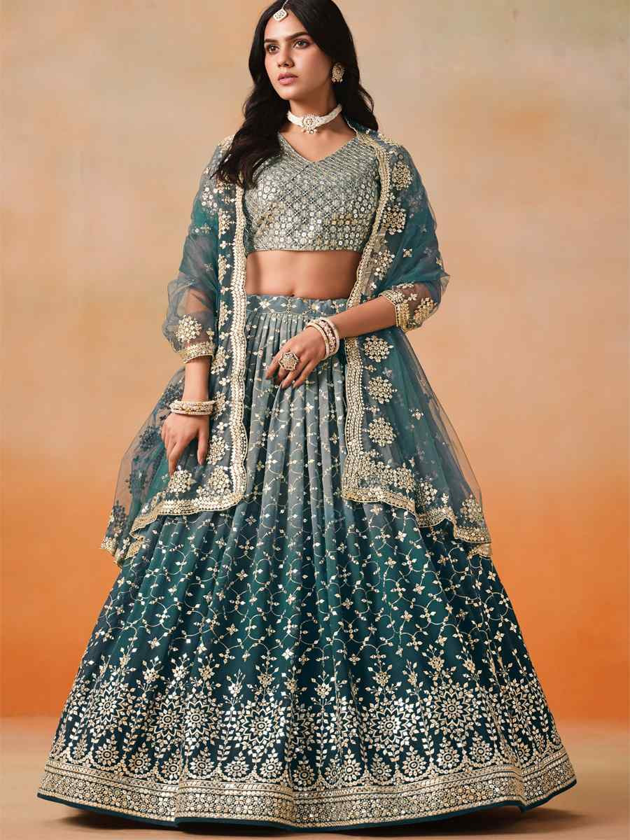 Dove Blue Georgette Embroidered Festival Party Wear Circular Lehenga Choli