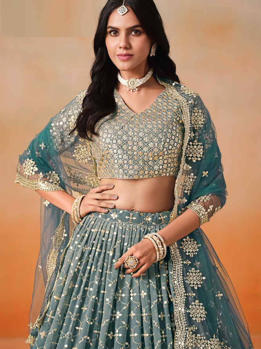 Dove Blue Georgette Embroidered Festival Party Wear Circular Lehenga Choli