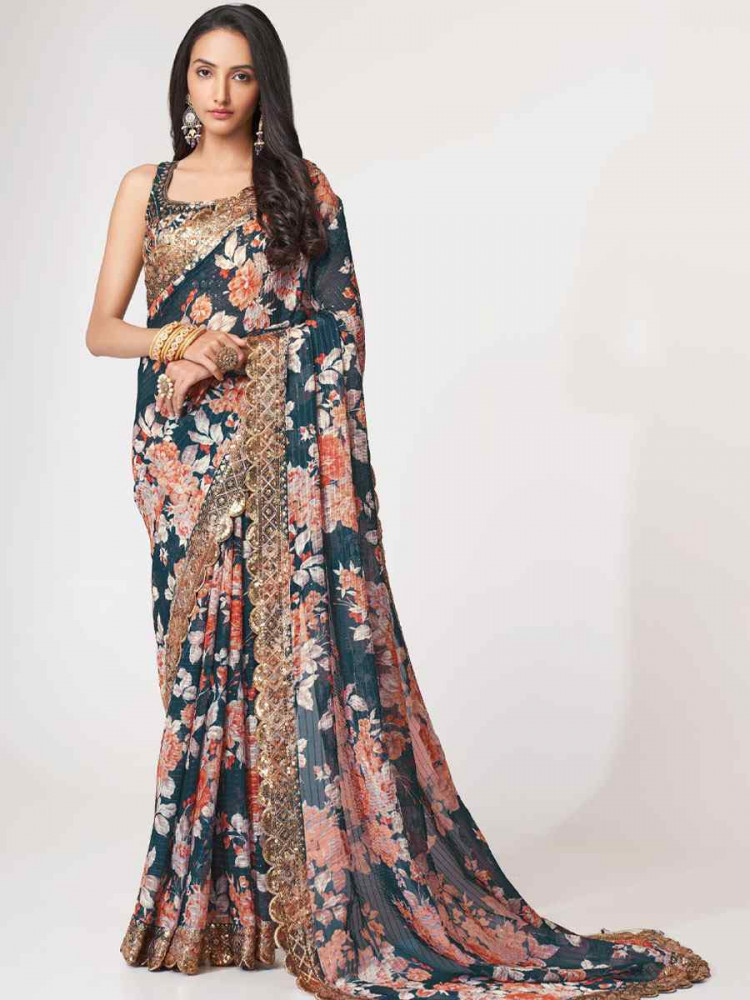 Image of Dove Blue Organza Printed Embroidery Festival Wedding Fancy Heavy Border Saree