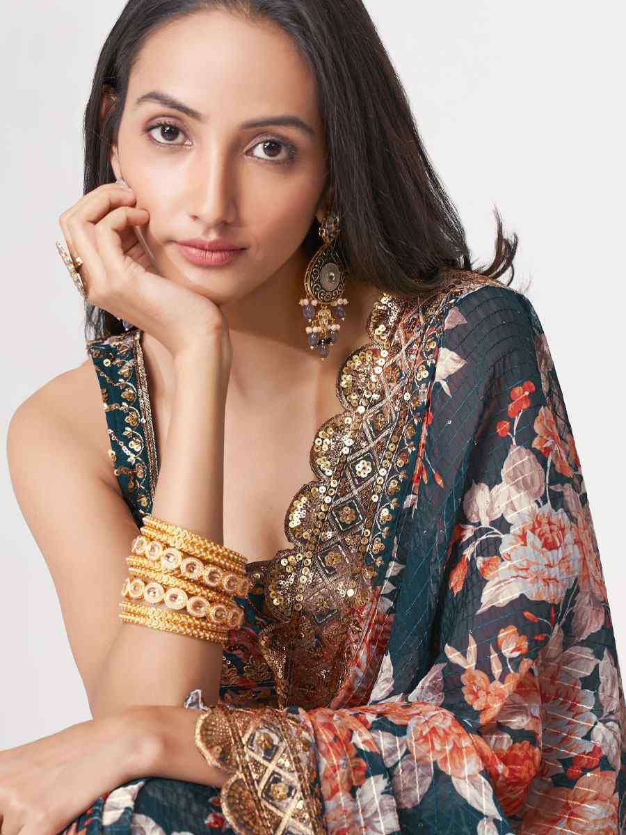 Dove Blue Organza Printed Embroidery Festival Wedding Fancy Heavy Border Saree