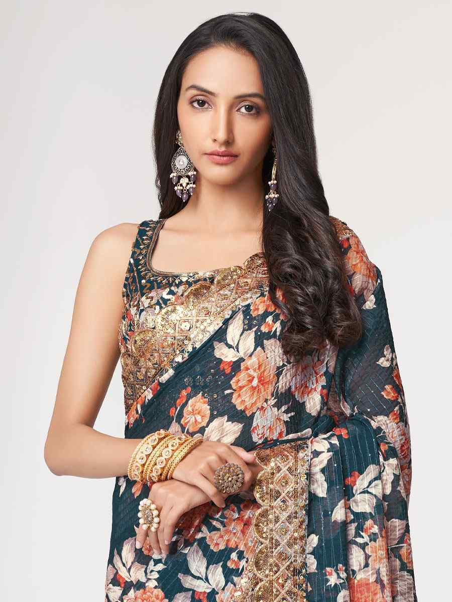 Dove Blue Organza Printed Embroidery Festival Wedding Fancy Heavy Border Saree
