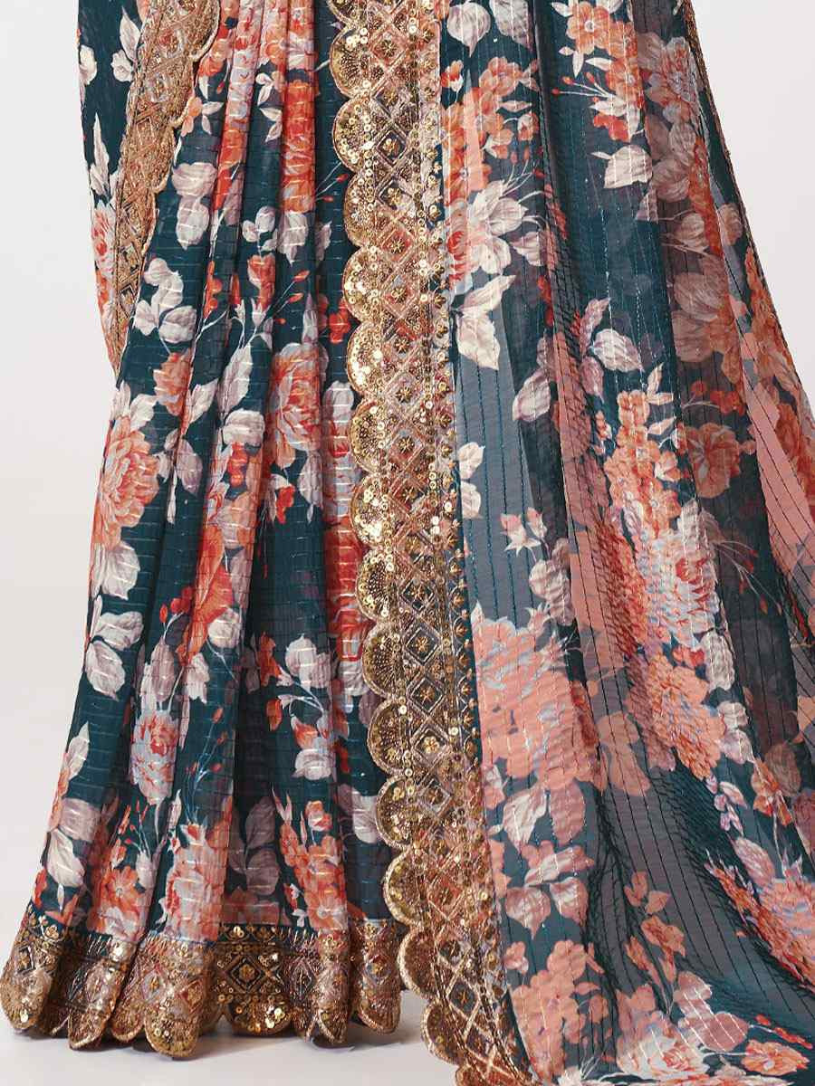 Dove Blue Organza Printed Embroidery Festival Wedding Fancy Heavy Border Saree