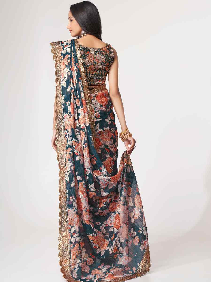 Dove Blue Organza Printed Embroidery Festival Wedding Fancy Heavy Border Saree