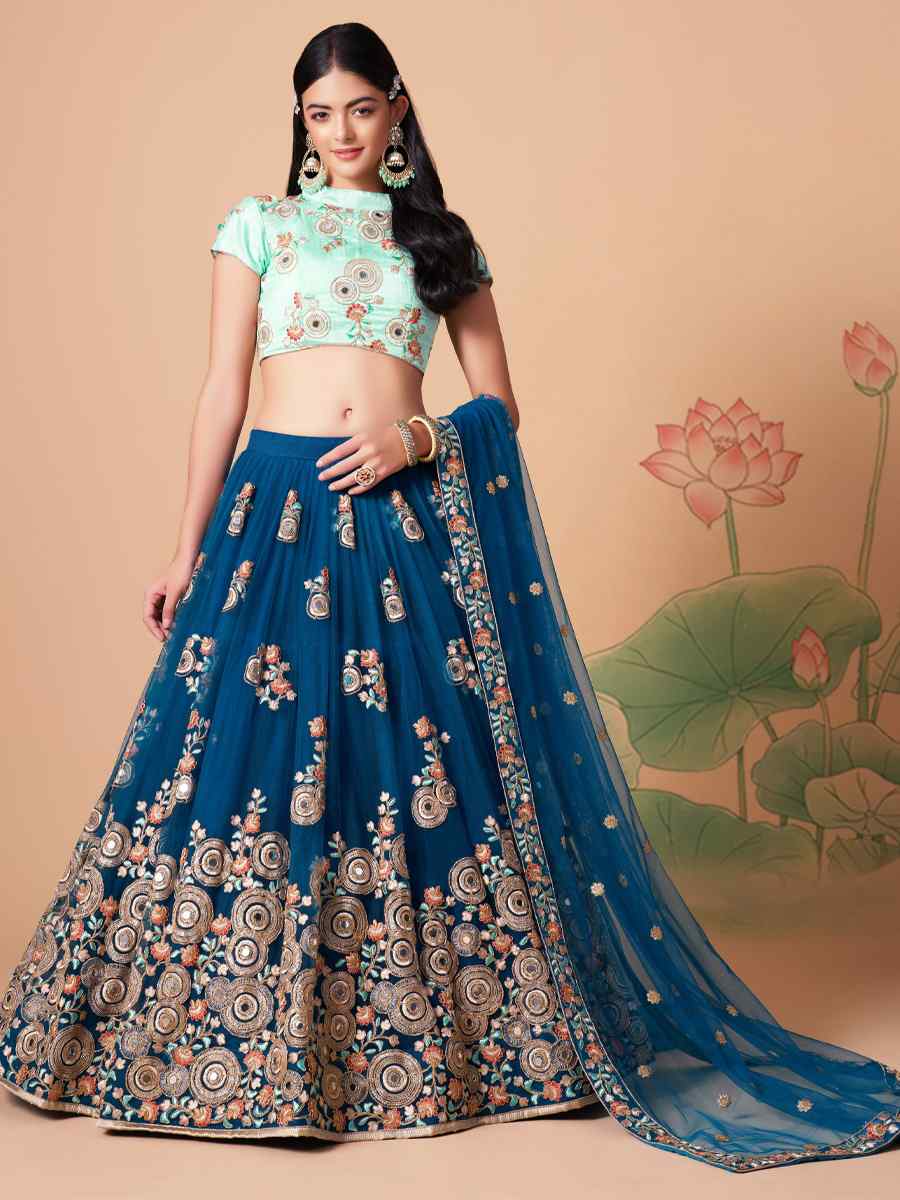 Dove Blue Soft Net Embroidered Reception Festival Heavy Border Lehenga Choli