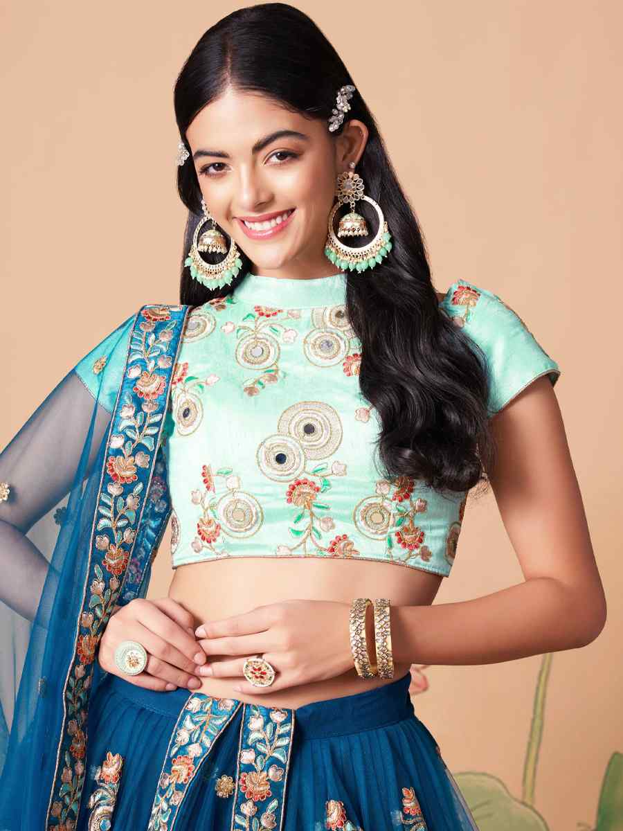 Dove Blue Soft Net Embroidered Reception Festival Heavy Border Lehenga Choli