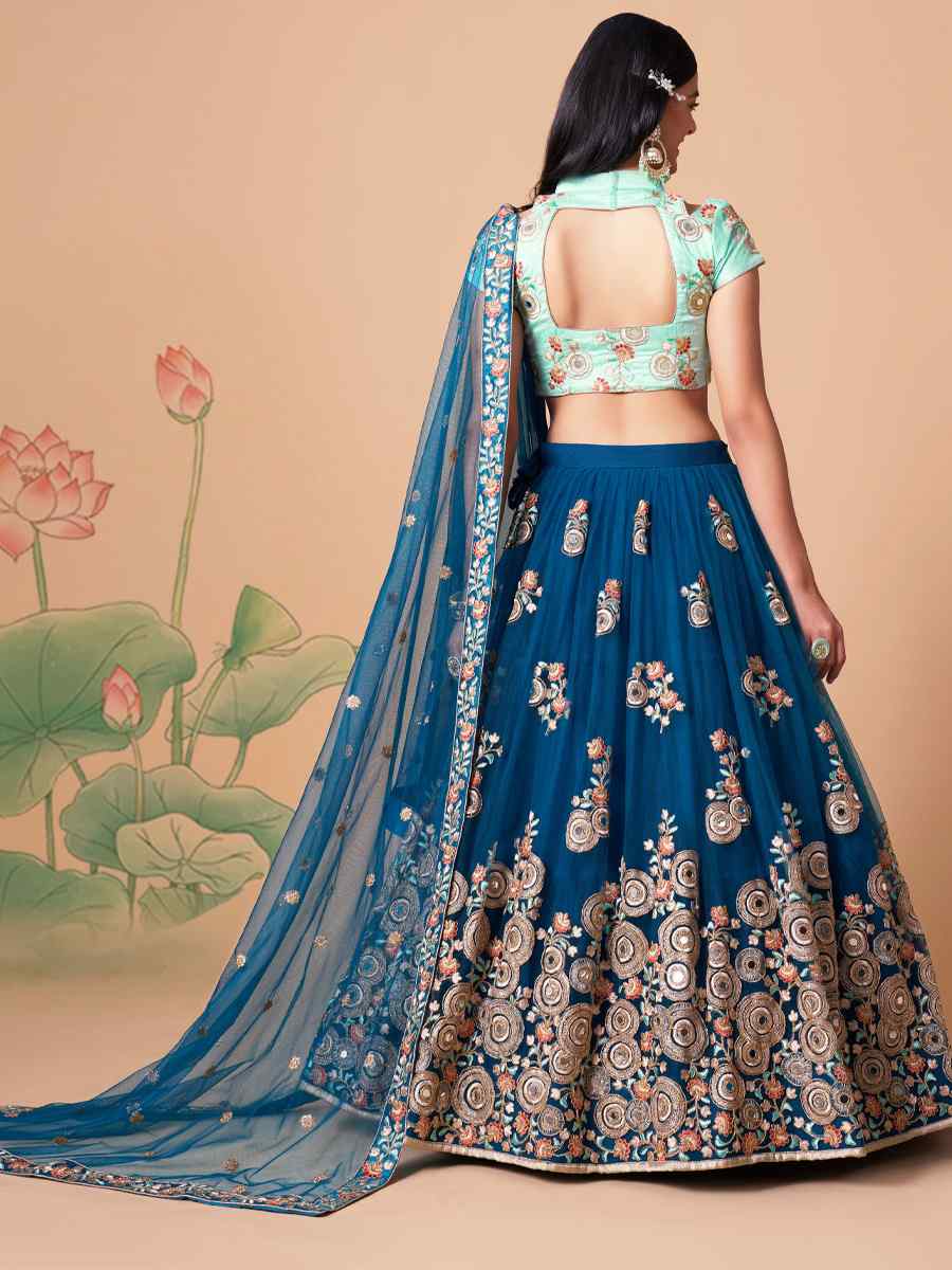 Dove Blue Soft Net Embroidered Reception Festival Heavy Border Lehenga Choli