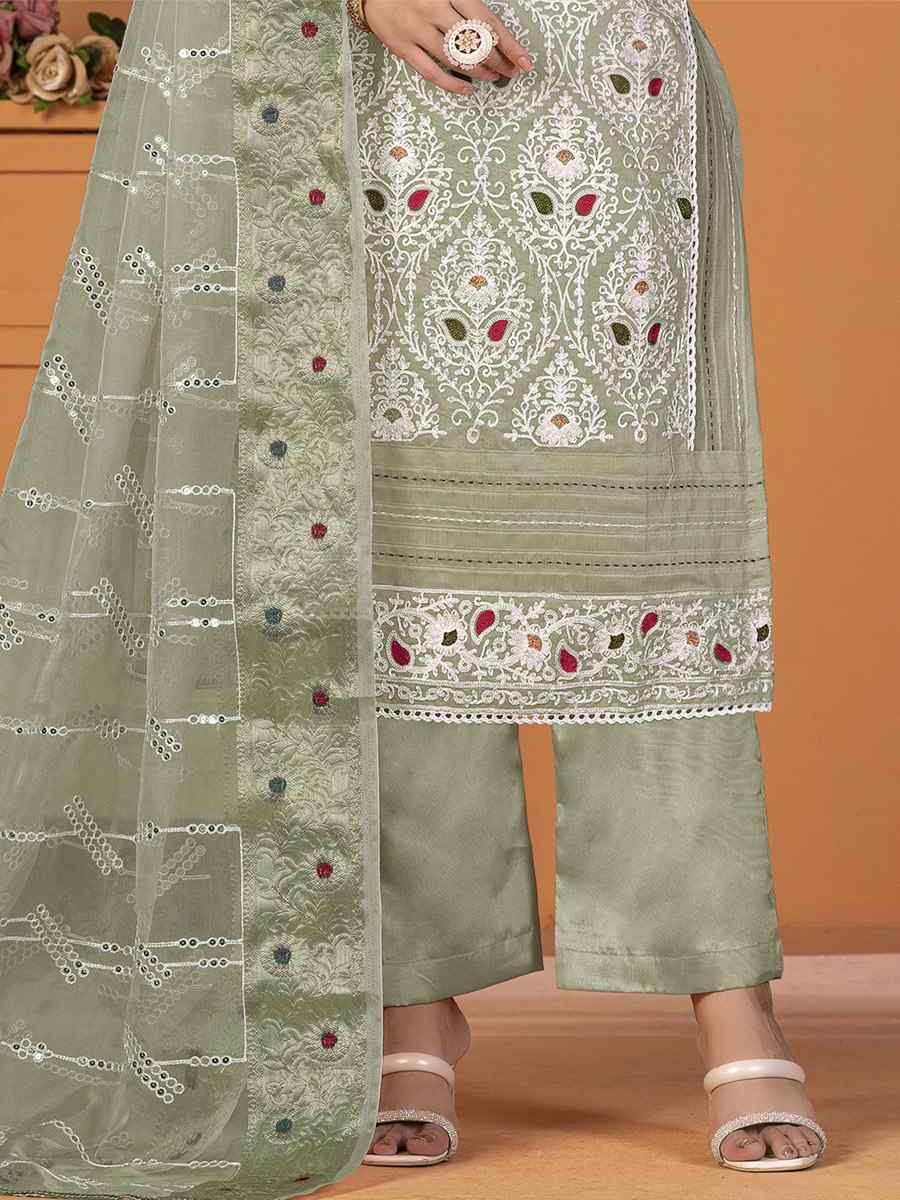Dull Green Modal Silk Embroidered Casual Festival Pant Salwar Kameez