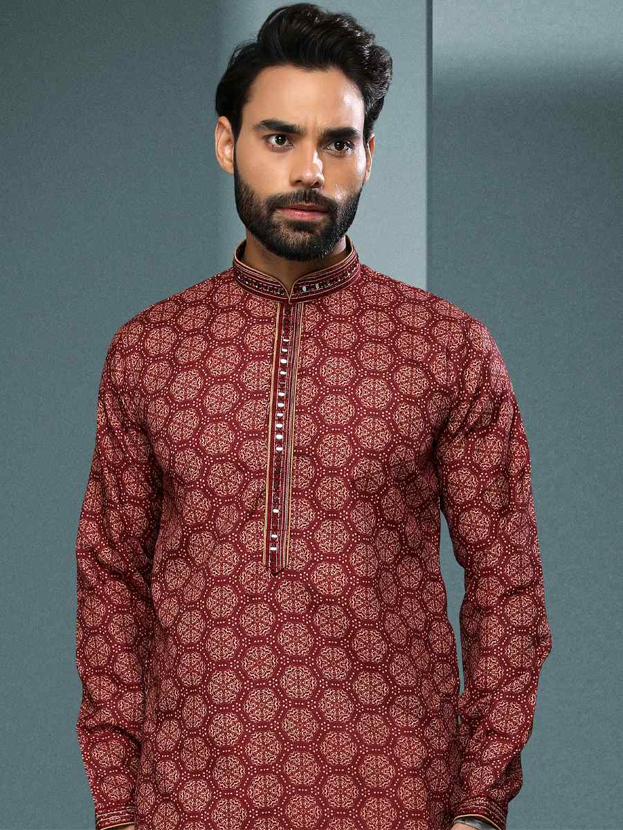 Dull Maroon Hand Loomed In Rich Yarns Of Cotton Printed Festival Kurta