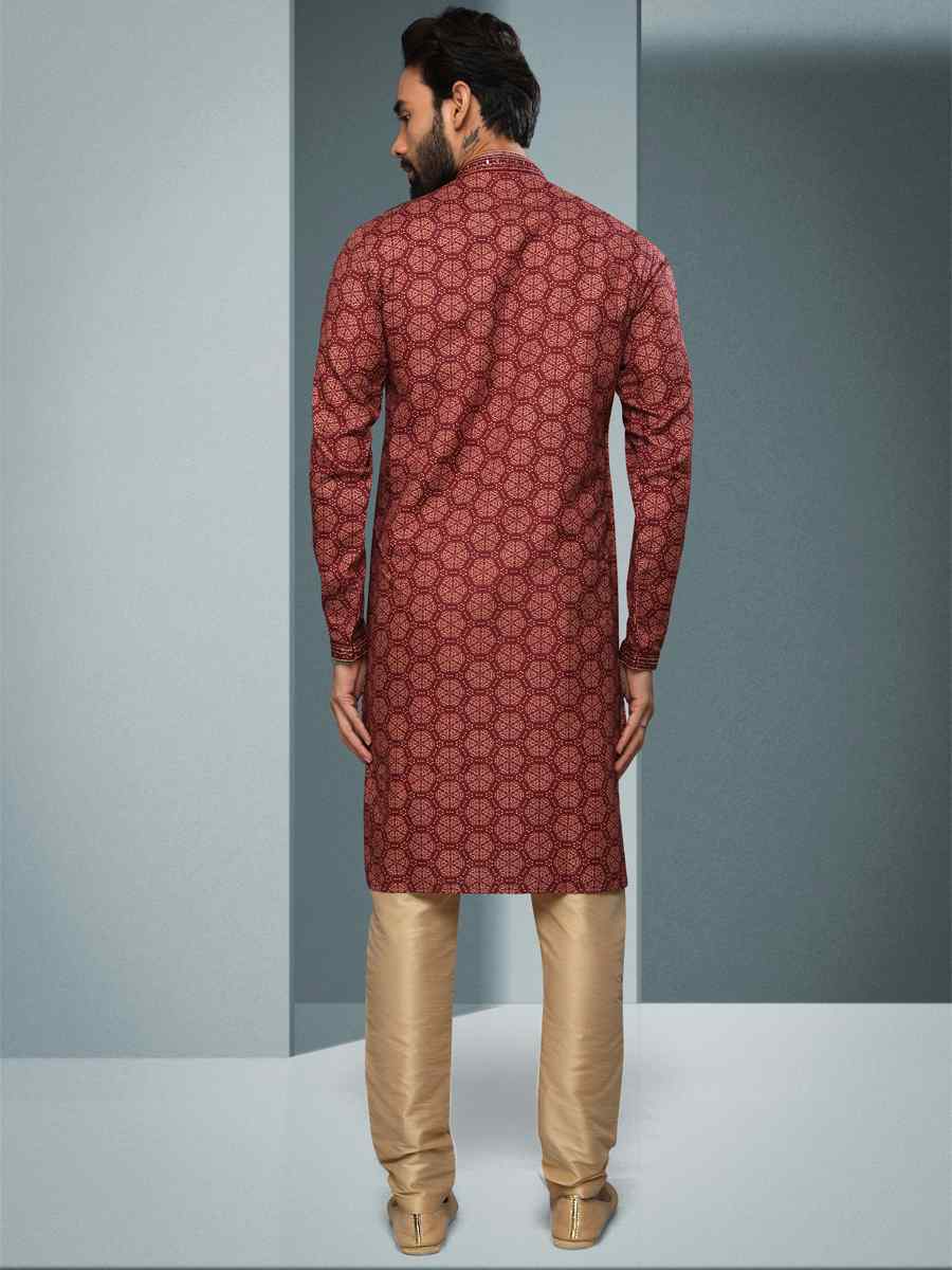 Dull Maroon Hand Loomed In Rich Yarns Of Cotton Printed Festival Kurta