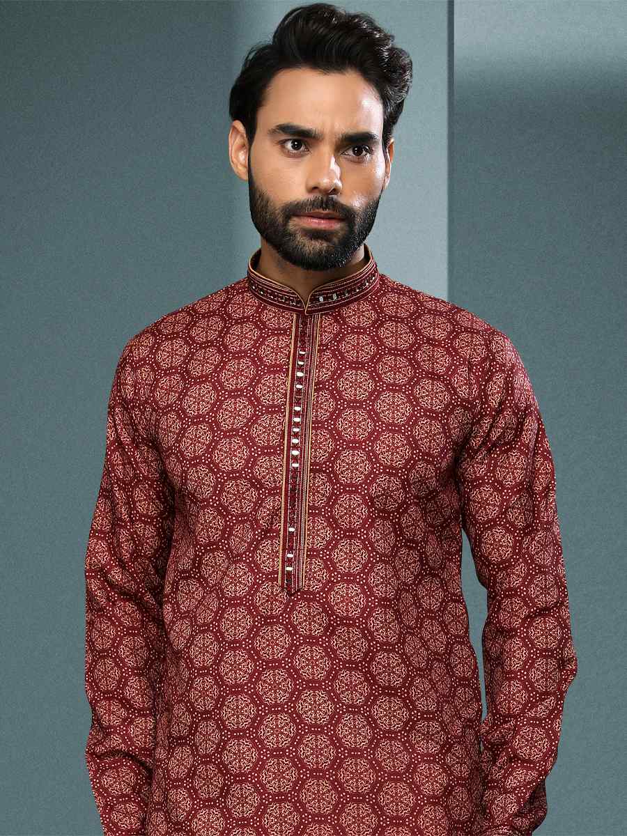 Dull Maroon Hand Loomed In Rich Yarns Of Cotton Printed Festival Kurta