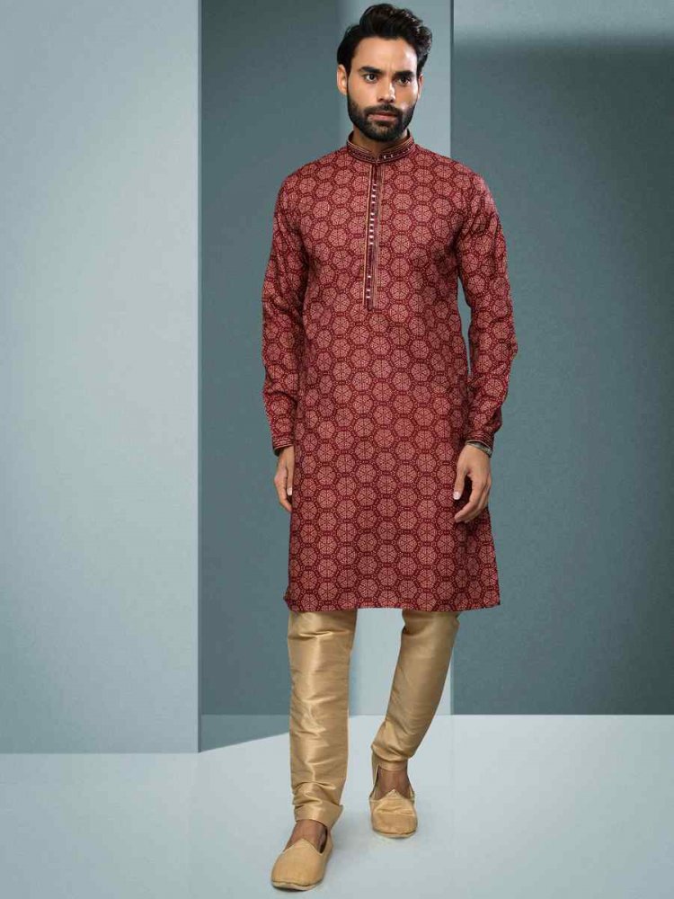 Dull Maroon Hand Loomed In Rich Yarns Of Cotton Printed Festival Kurta