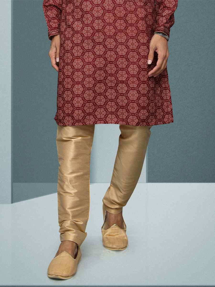 Dull Maroon Hand Loomed In Rich Yarns Of Cotton Printed Festival Kurta