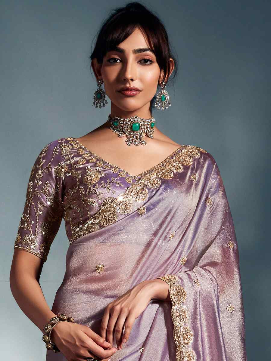 Lavender Tissue Organza Silk Embroidery Bridal Cocktail Party Reception Wedding Wear Heavy Border Sarees