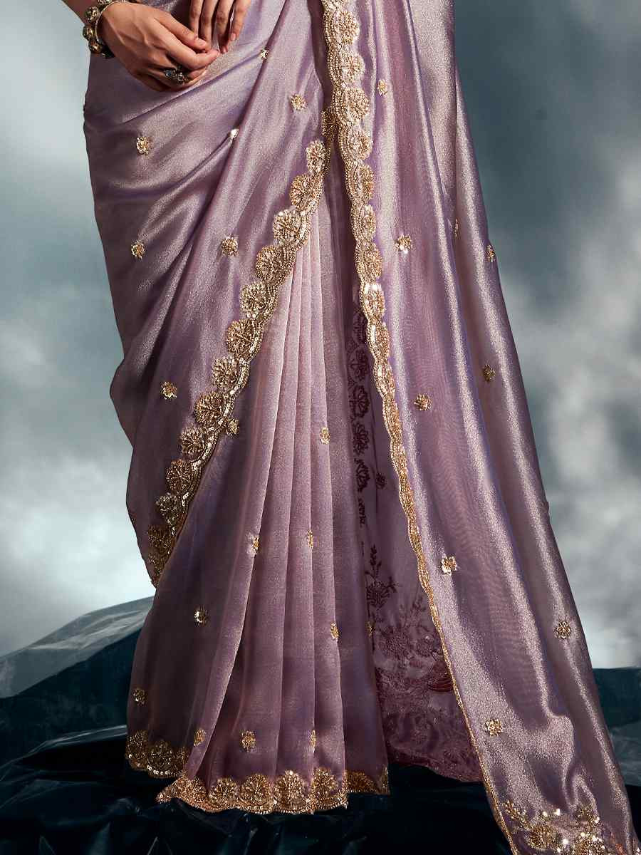 Lavender Tissue Organza Silk Embroidery Bridal Cocktail Party Reception Wedding Wear Heavy Border Sarees
