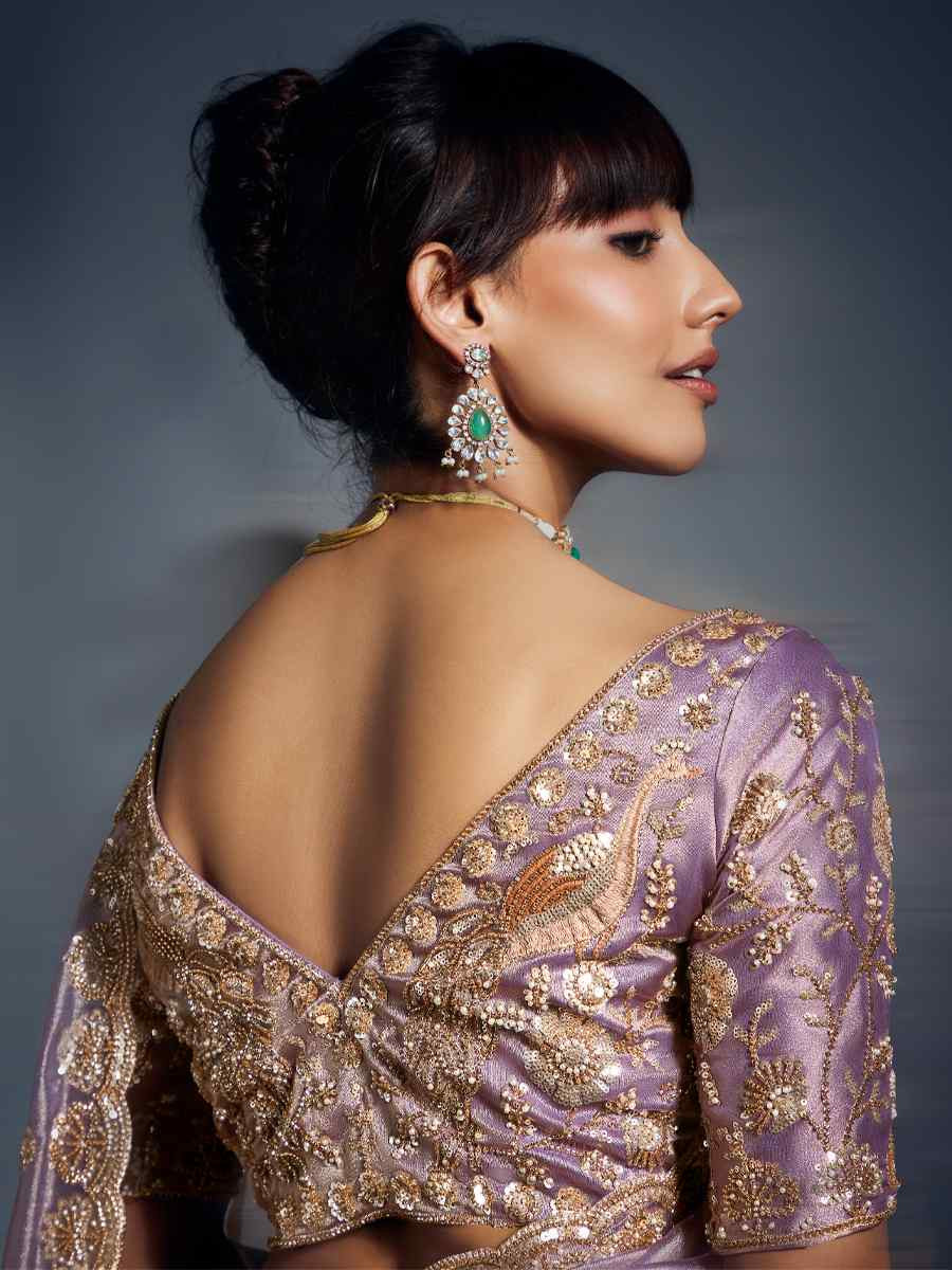 Lavender Tissue Organza Silk Embroidery Bridal Cocktail Party Reception Wedding Wear Heavy Border Sarees