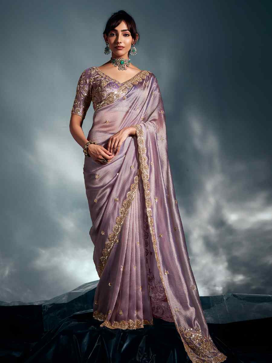 Lavender Tissue Organza Silk Embroidery Bridal Cocktail Party Reception Wedding Wear Heavy Border Sarees